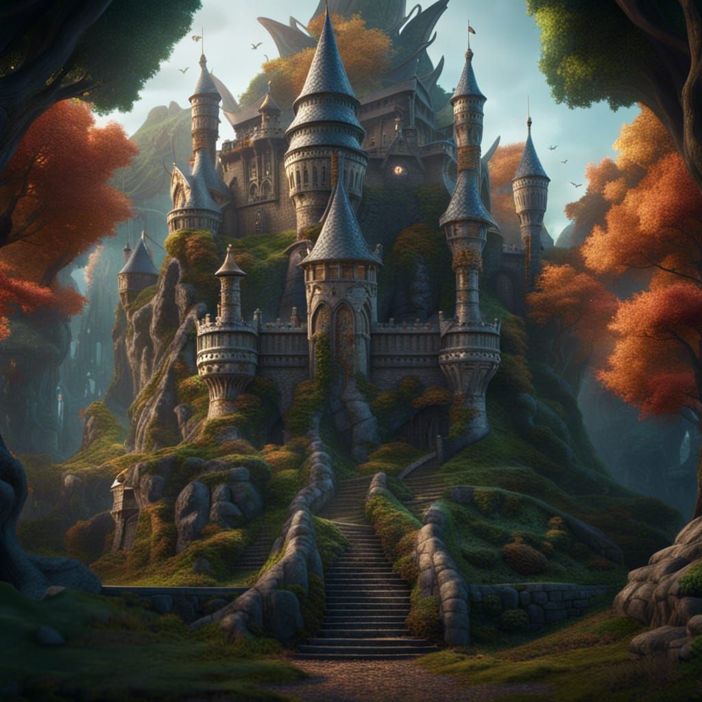 Dragon Statue Castle in Forest: Detailed Matte Painting