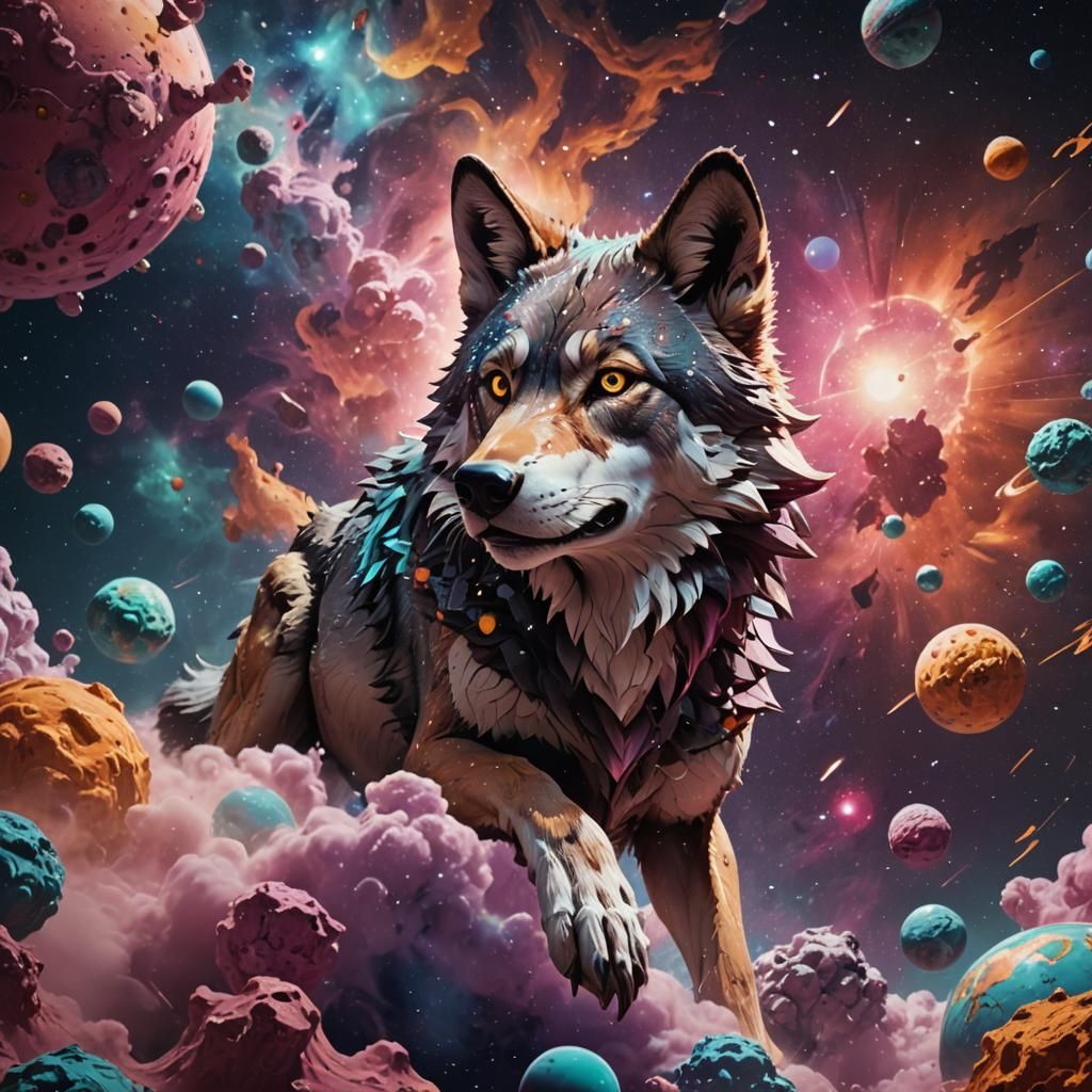 Cartoon Wolf in Space: Vaporwave Concept Art