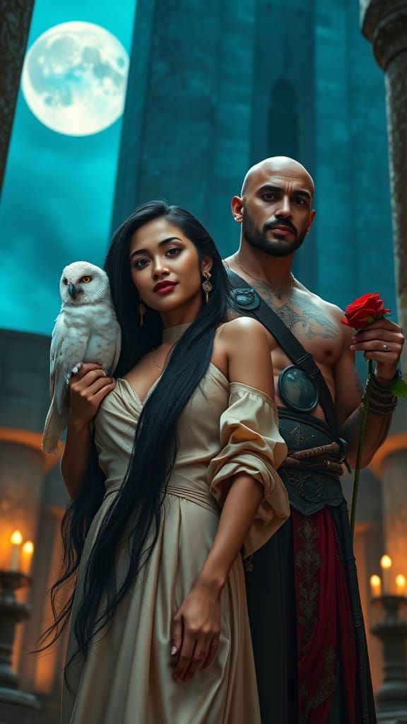 Moonlit Tower: Woman, Warrior, and Owl in Hyperrealism