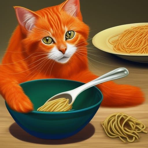 Orange Cat Hissing Over Pasta: Hyperrealistic Splash Art