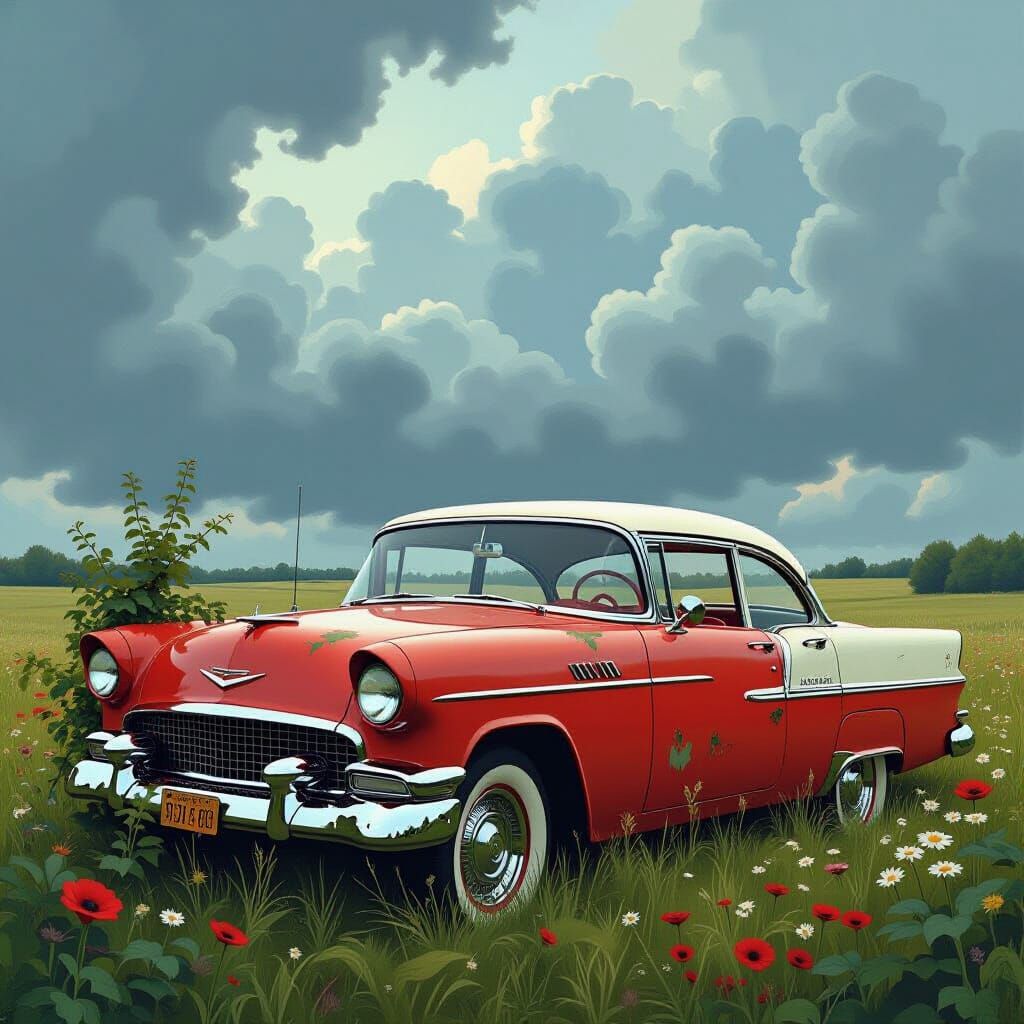 Vintage Car in Overgrown Field, Digital Art
