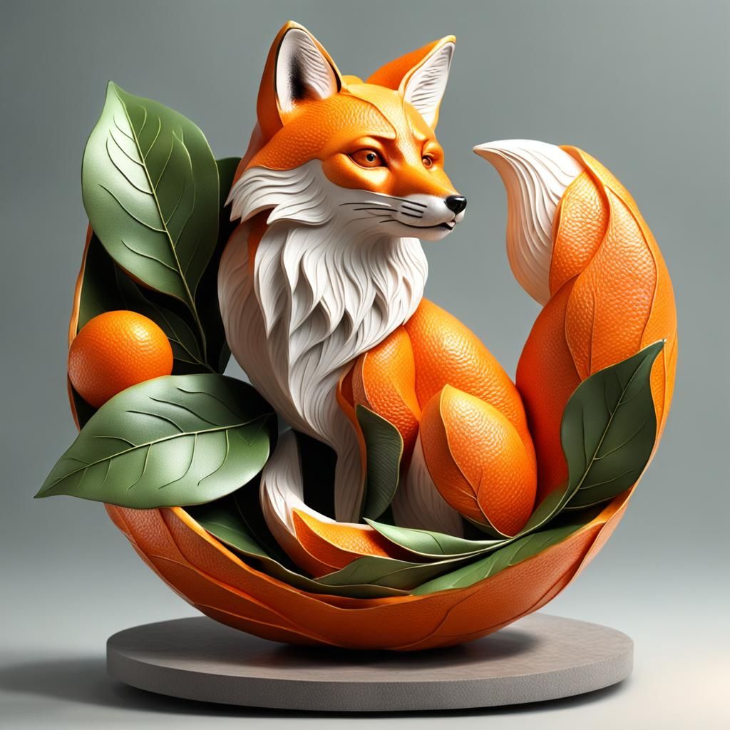 Hyperrealistic 3D Orange Peel Fox Sculpture