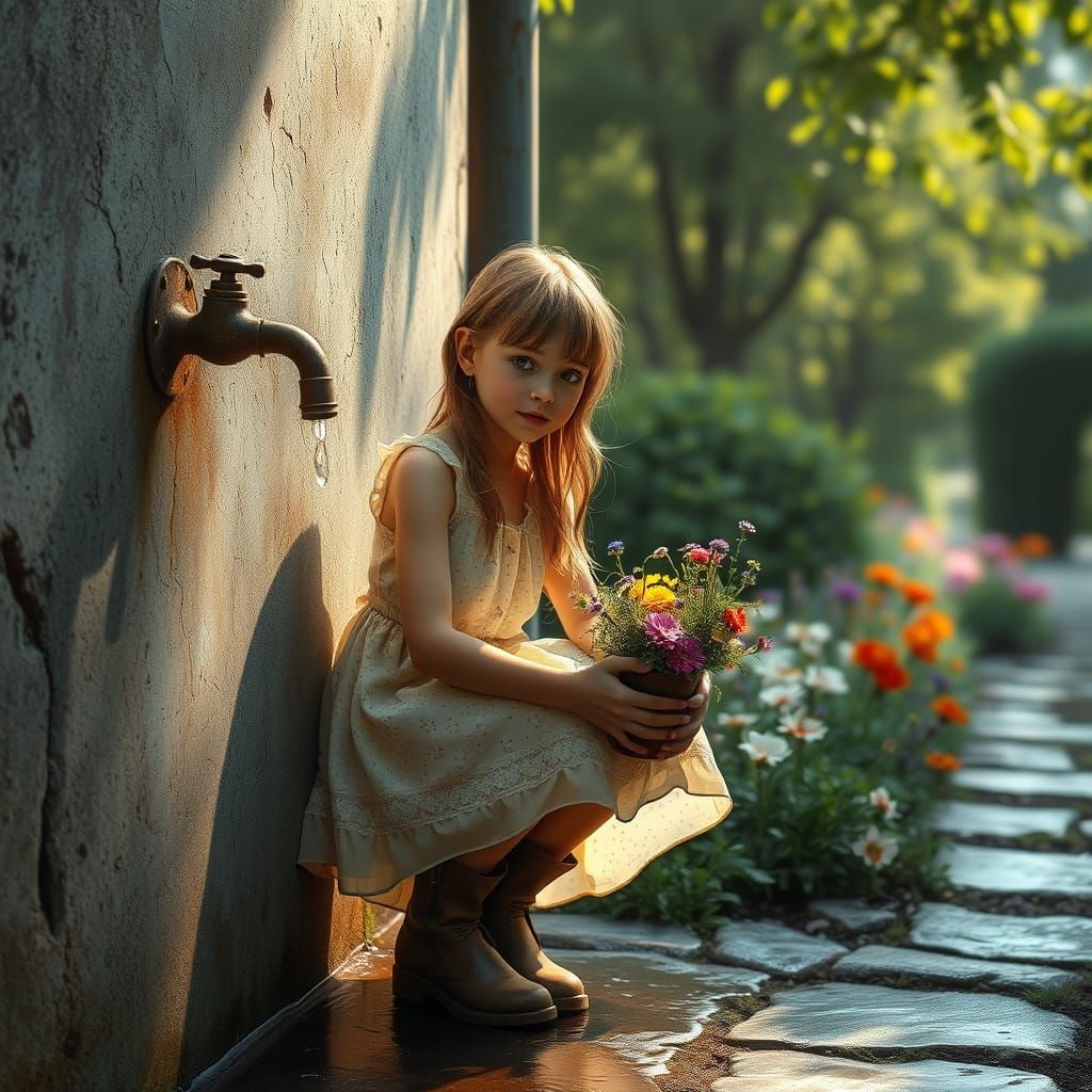 Girl with Wildflowers by Concrete Wall in Ethereal Style