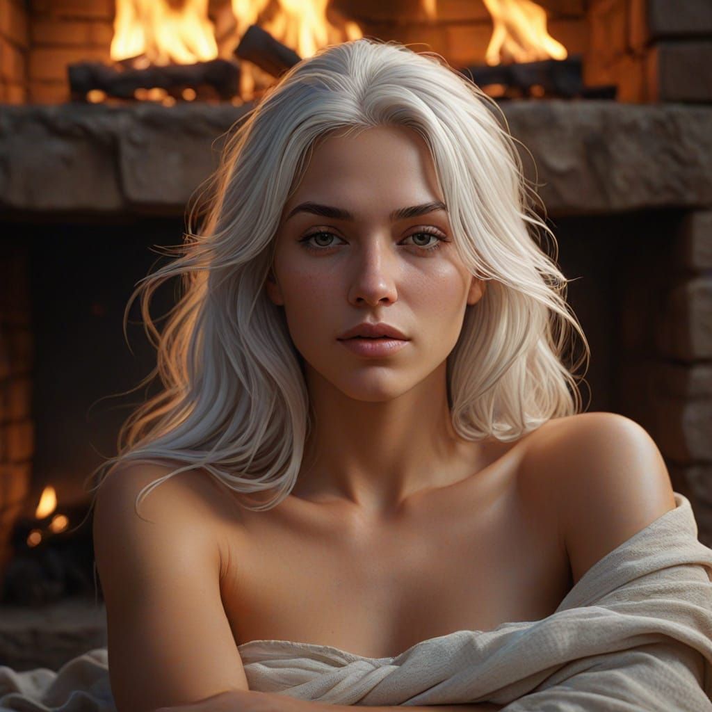 Muscular Woman Sleeping by Firelight