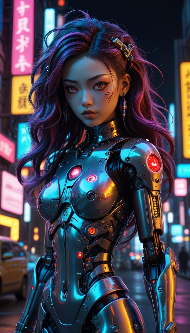 Cyberpunk Gynoid Pinup in Gothic Gil Elvgren Style