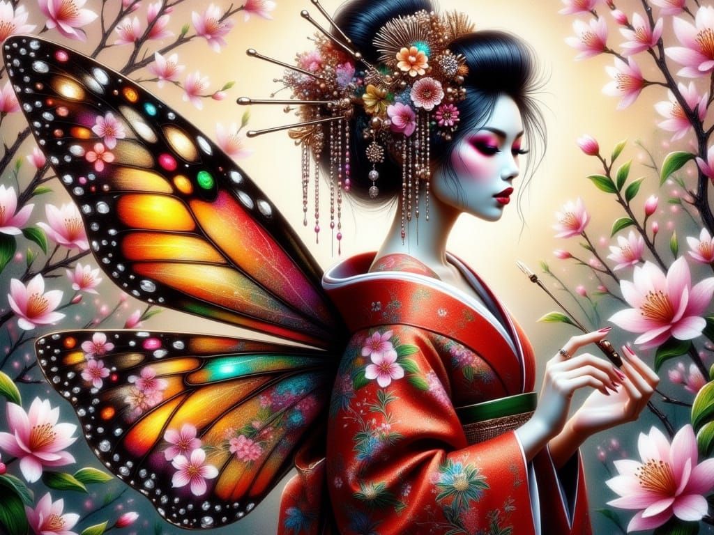 Ethereal Geisha Fairy in Whimsical Watercolor