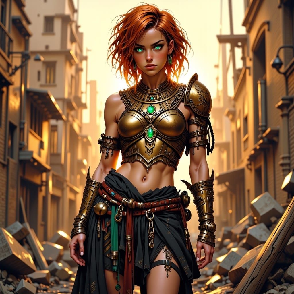 Emerald-Eyed Warrior on Battlefield, Fantasy Anime Art