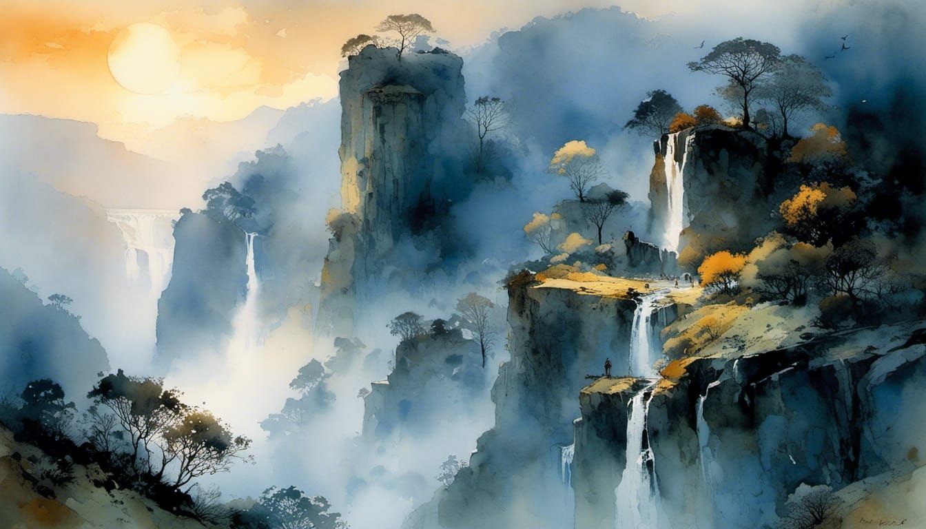Foggy Valley Waterfall at Sunrise: Watercolor Style