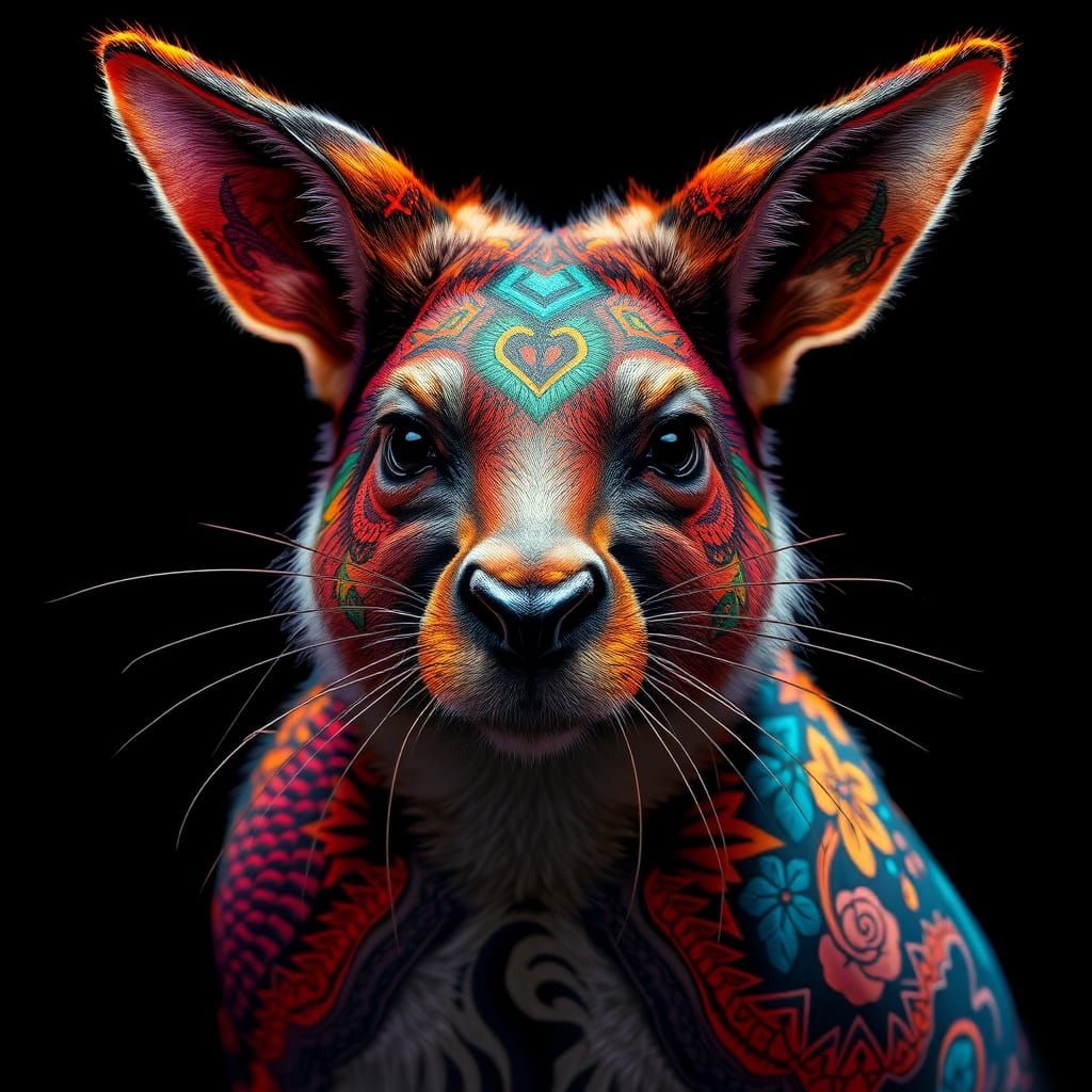 Australian Aboriginal Art-Inspired Wallaby Portrait in Hyper...