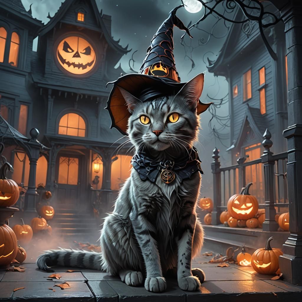 Cat Dragon in Halloween Costume, Dark Fantasy Art
