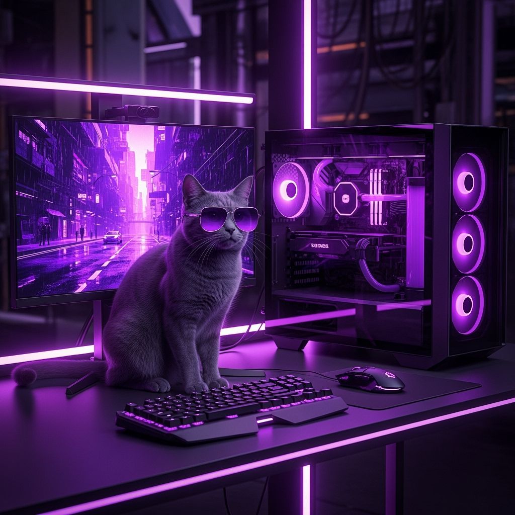 Cyberpunk Cat Gamer in Neon Purple Haze