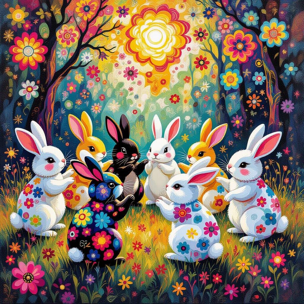 Psychedelic Rabbits Dancing in Abstract Color Swirls