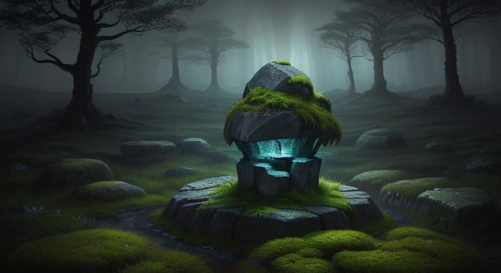 Mysterious Glowing Stone in Ethereal Forest