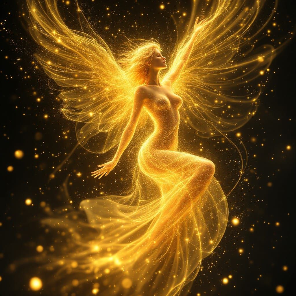 Golden Light Angel Dancing in Cosmic Energy