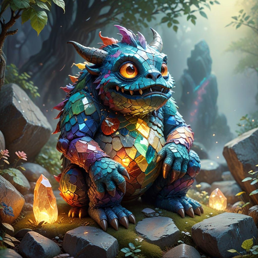 Surreal, Cartoon-Style Monster Emerge from Glowing, Mosaic S...