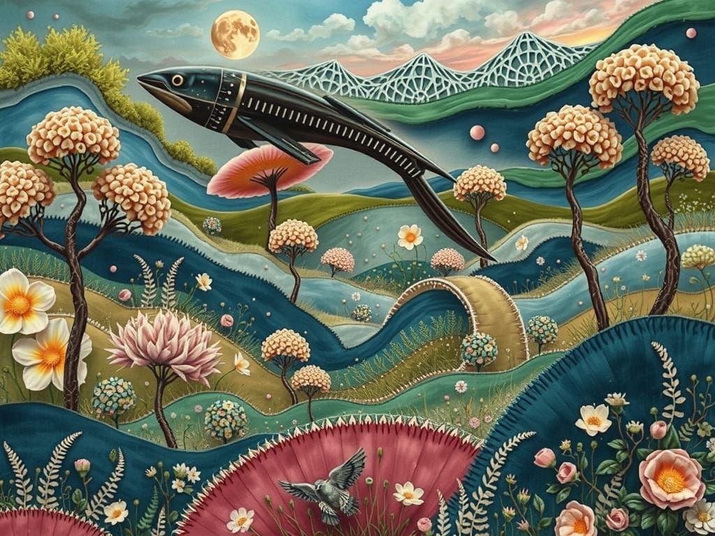 a high contrast surreal and whimsical landscape made entirely from mixed media textiles, creating a captivating and drea...