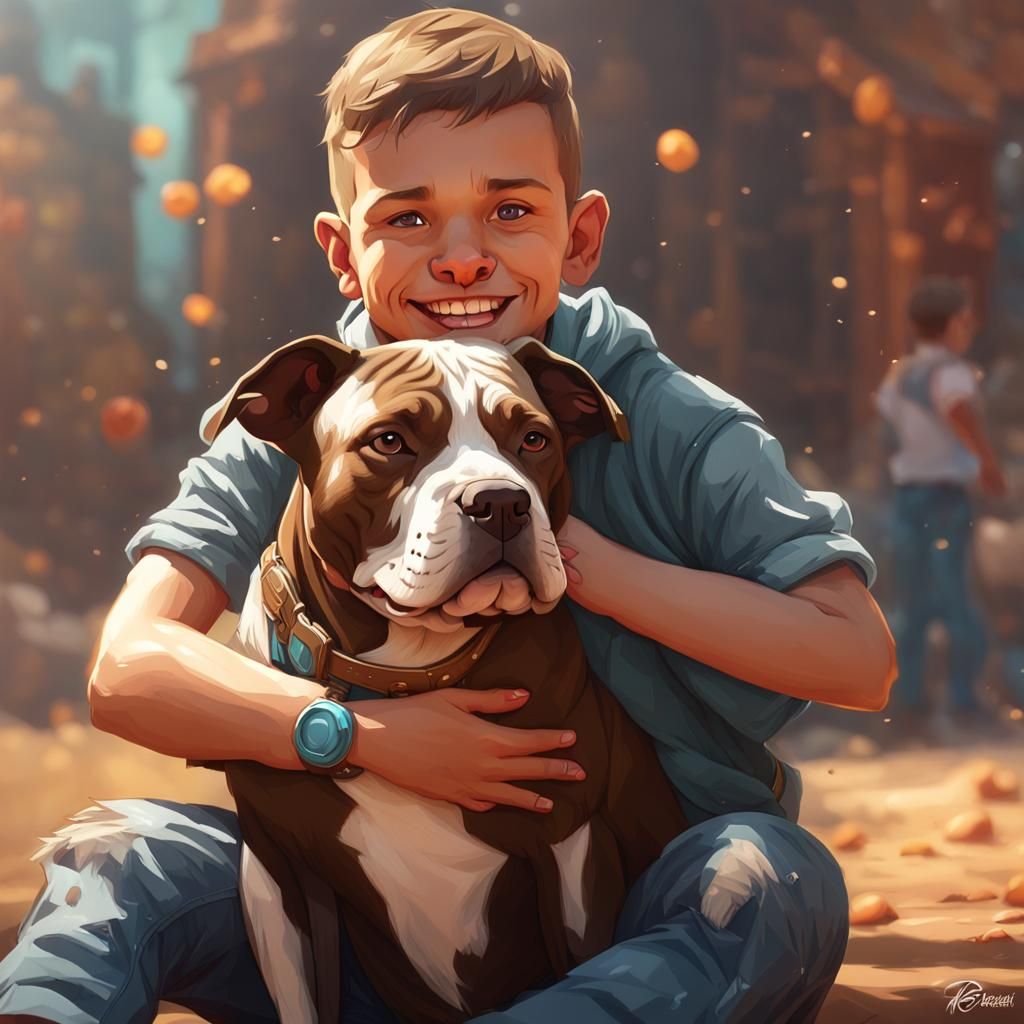 Pit Bull Puppy and Boy: Hyperdetailed Portrait