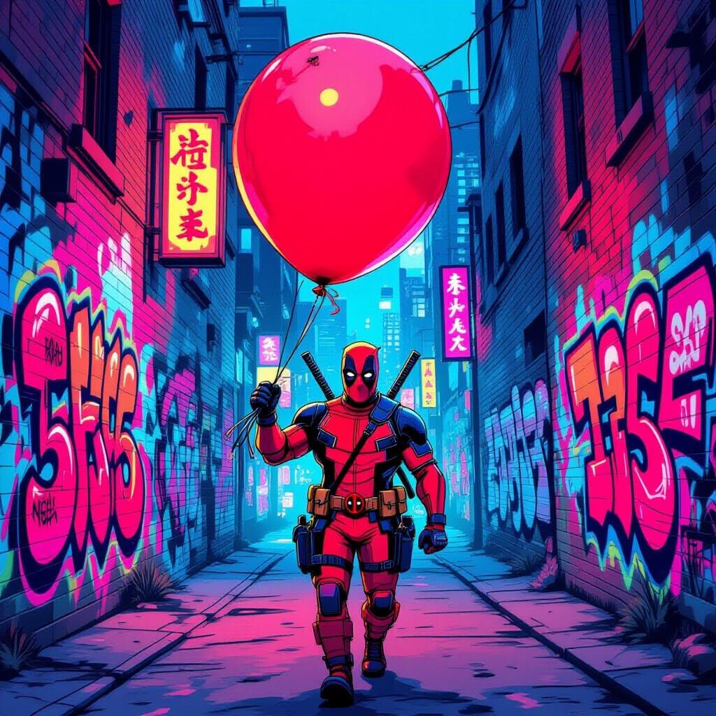 Deadpool Carries Deflated '67 Balloon in Neon Alley