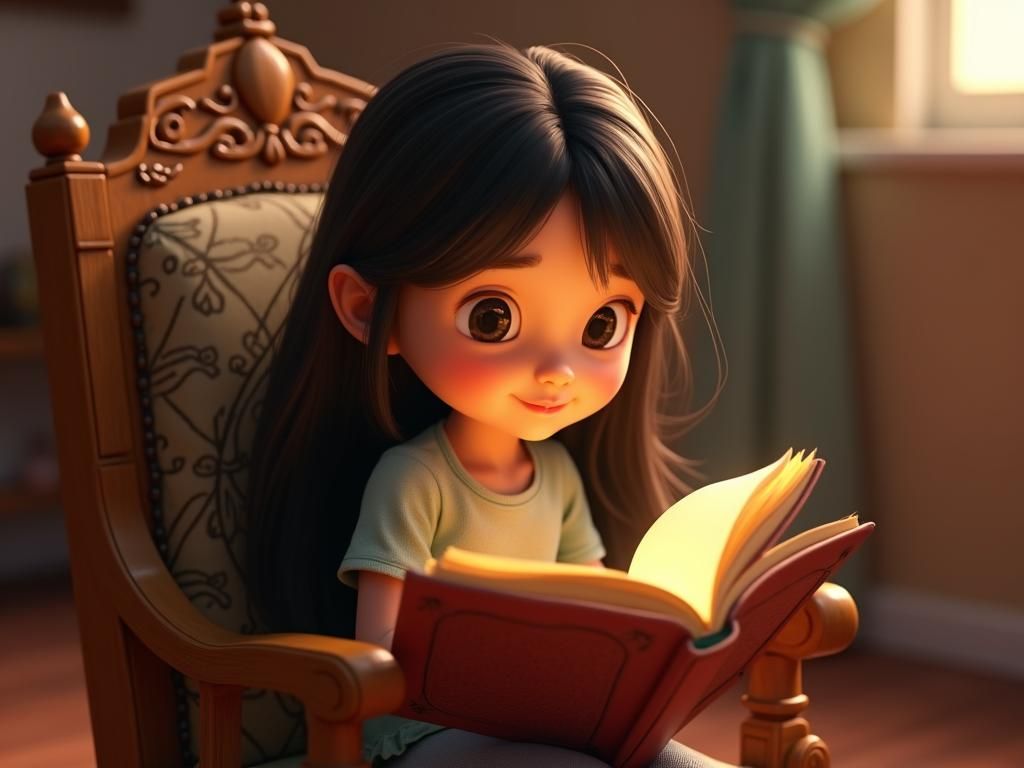 Young Girl Reading Storybook with Soft Lighting
