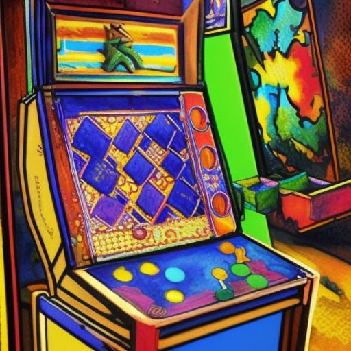 16th Century Tetris Arcade Hall in Gouache Style