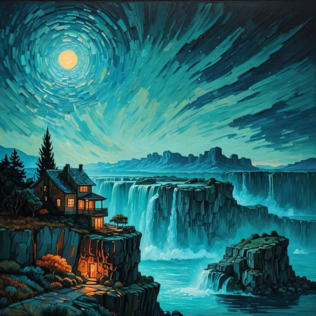 Cliffside House: Van Gogh Style Oil Painting