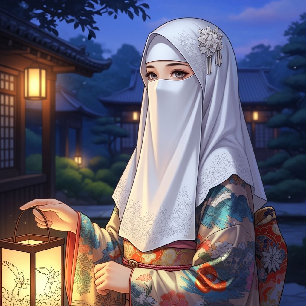 Elegant Japanese Woman in Niqab and Kimono