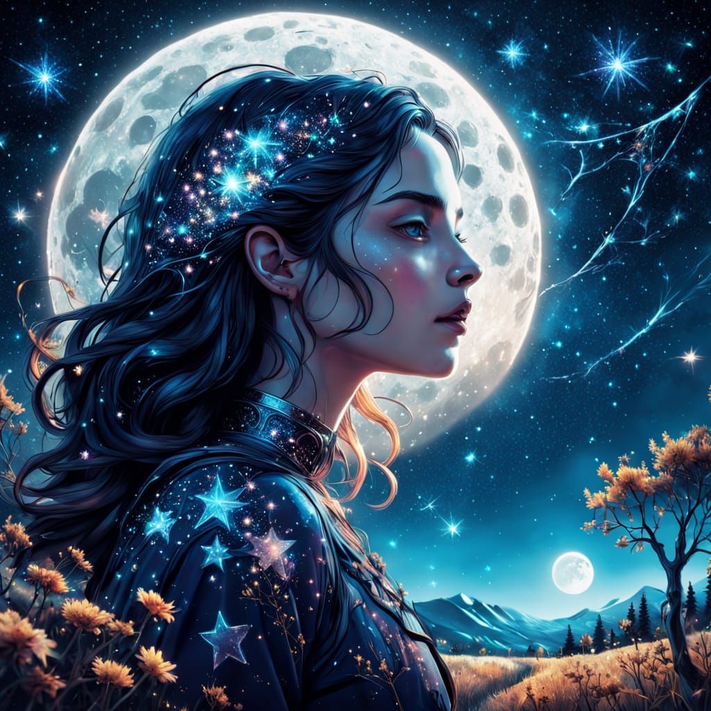 Dreamlike Moonlit Celestial Scene in Double Exposure Collage...