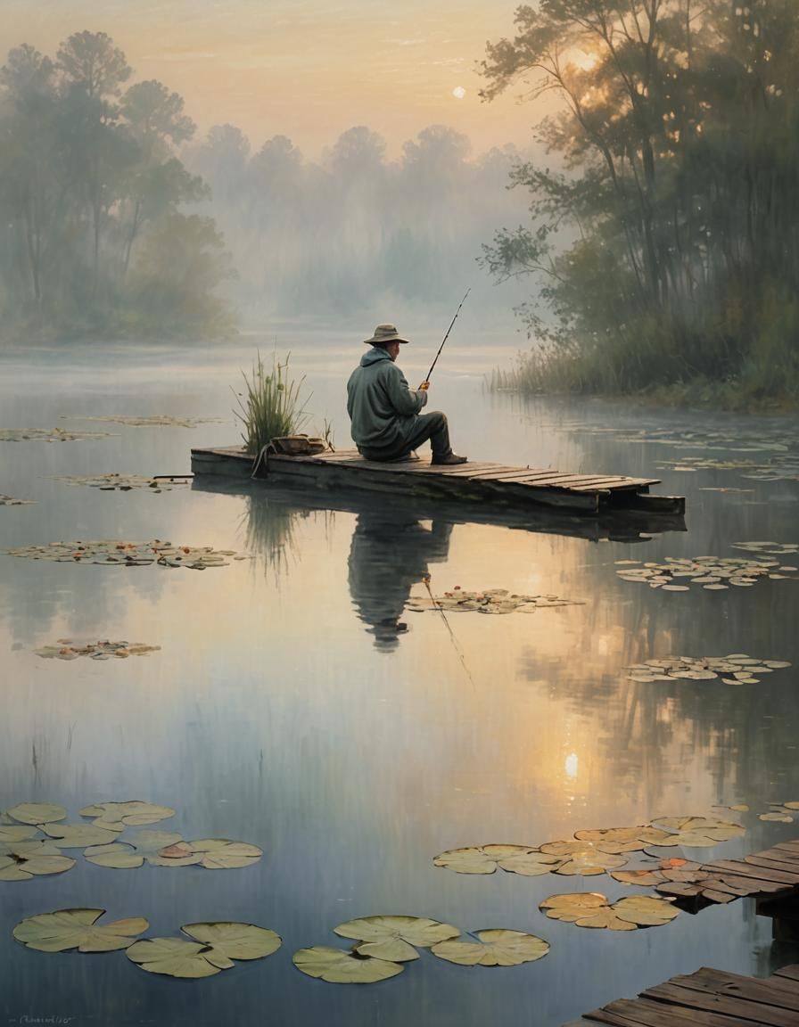 Impressionistic Dawn Fishing Scene on Misty Lake