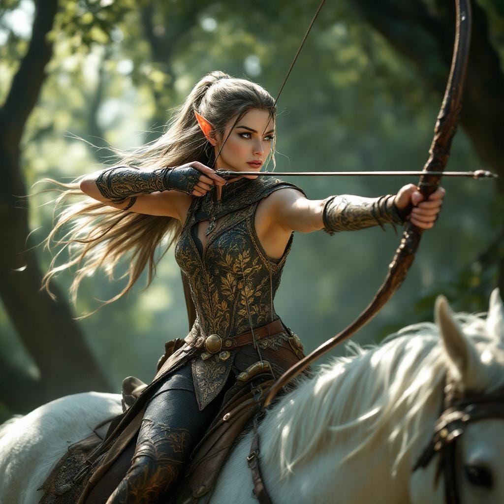 Elven Archer in Mystical Forest, Oil Realism