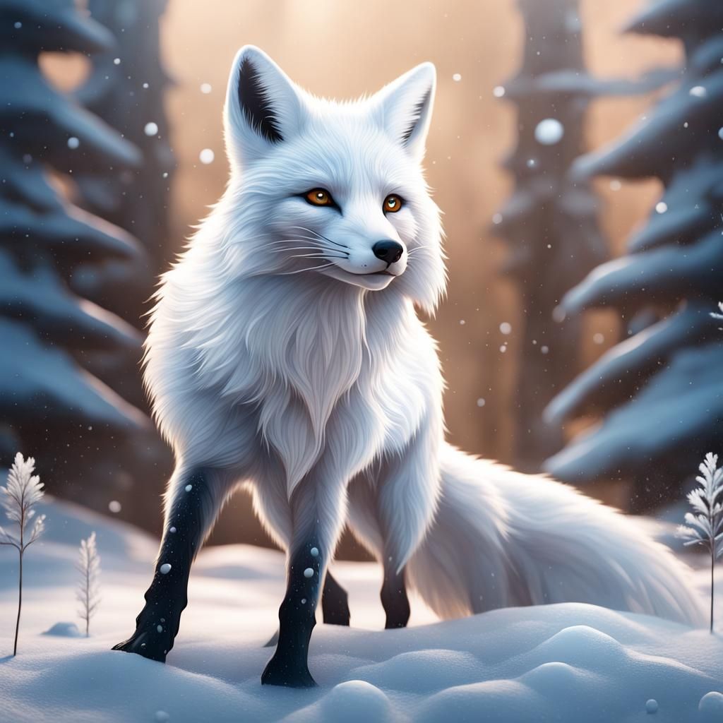 White Fox Playing in Snow: Detailed Matte Painting