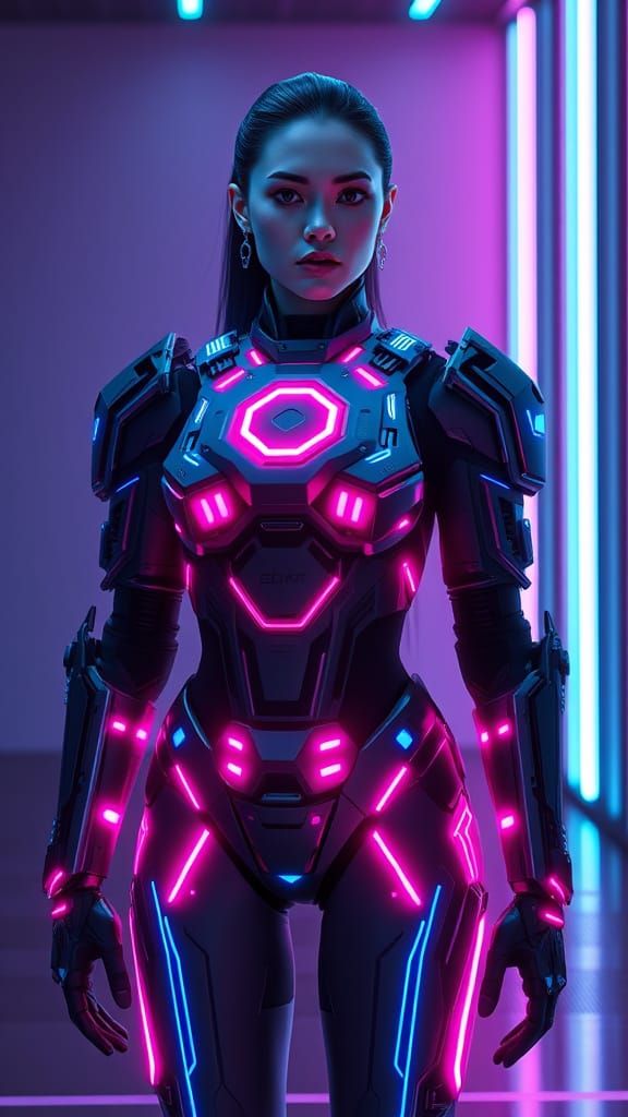 Cyberpunk Female in Neon-Lit Tech Chamber