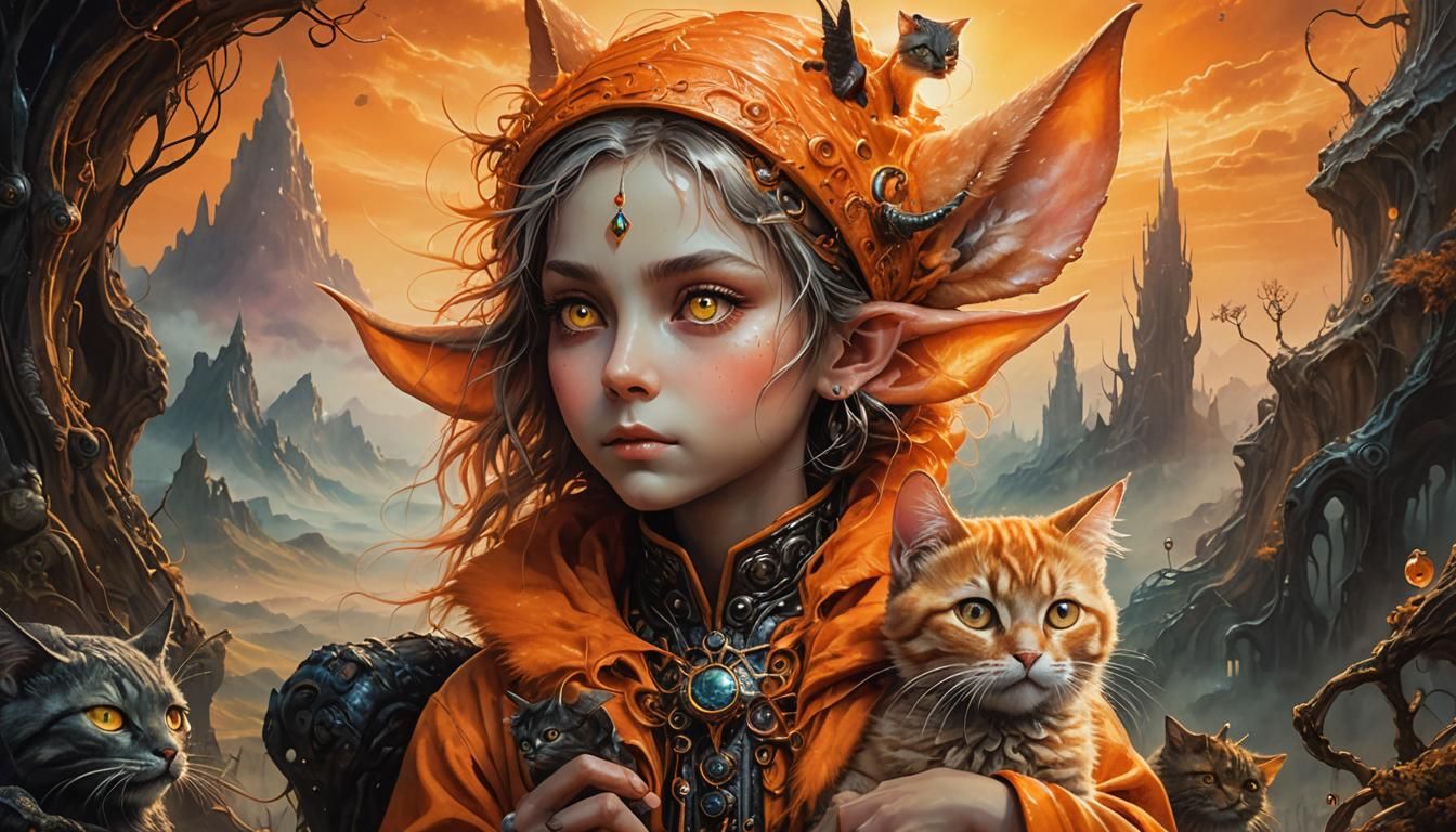 Furry Elf with Cat in Surrealist Painting