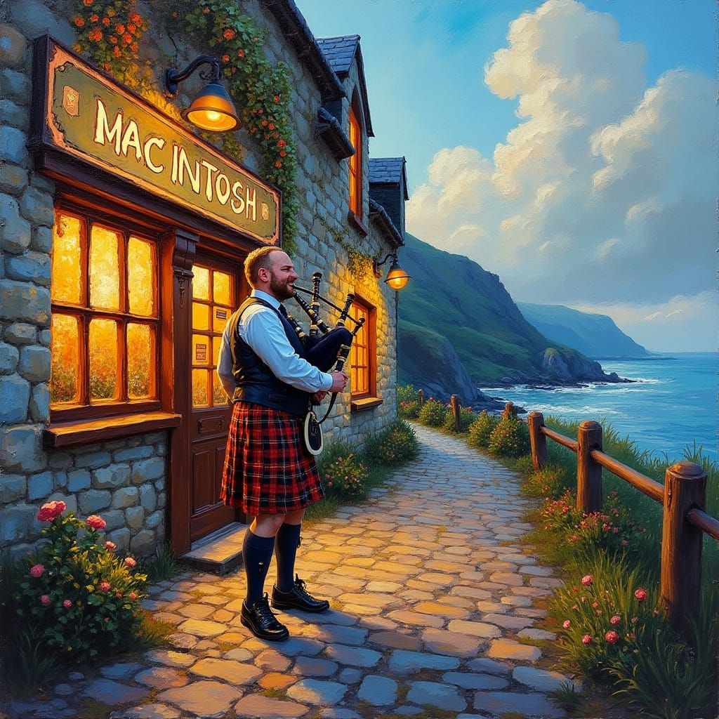 Kilted Bagpiper Plays Outside Scottish Pub in Neo-Impression...
