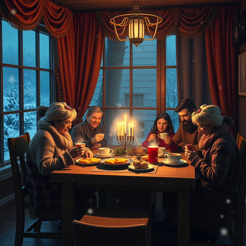 Cozy Hanukkah Family Gathering in Fantasy Style