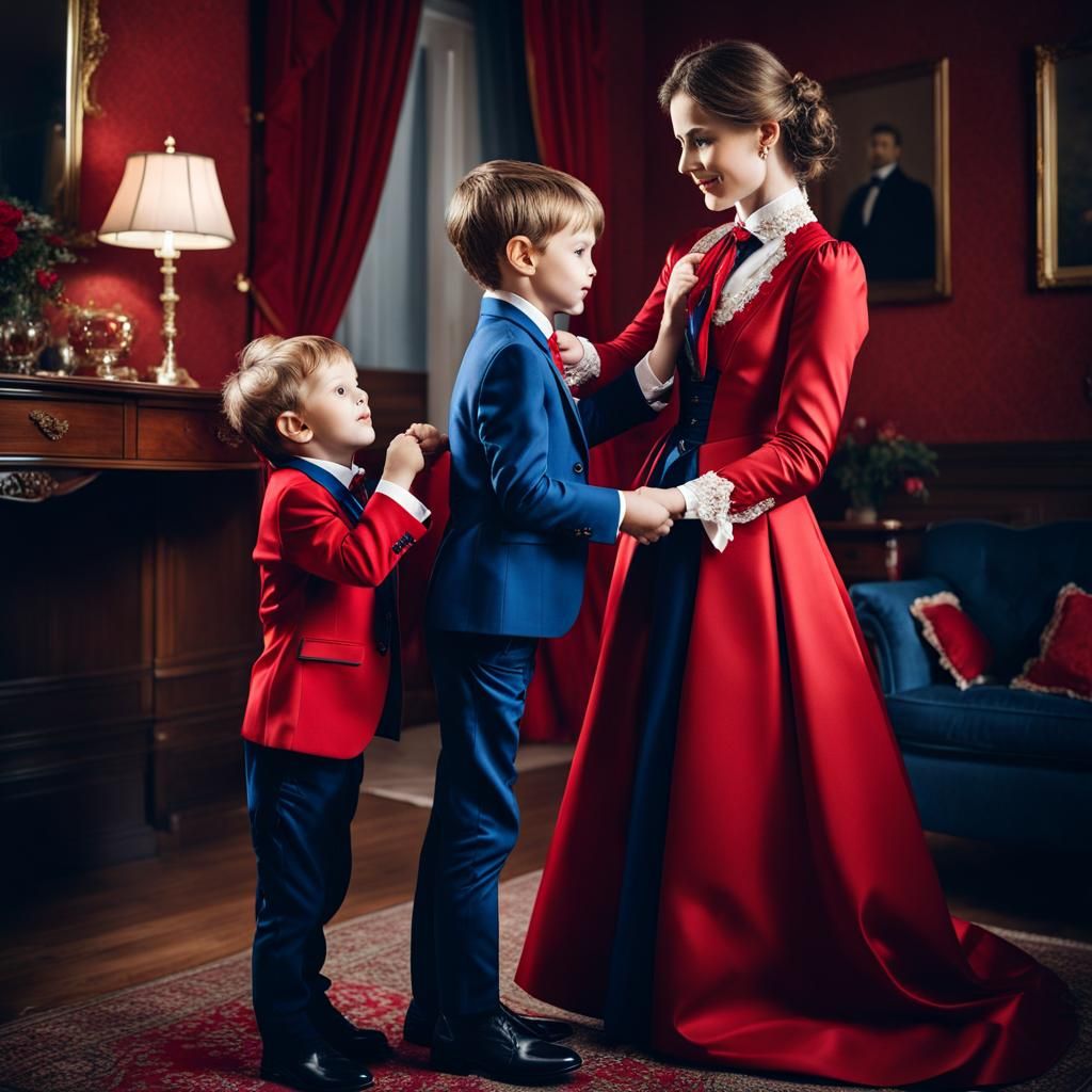 Proud Mother Straightens Son's Tie in Steampunk Style