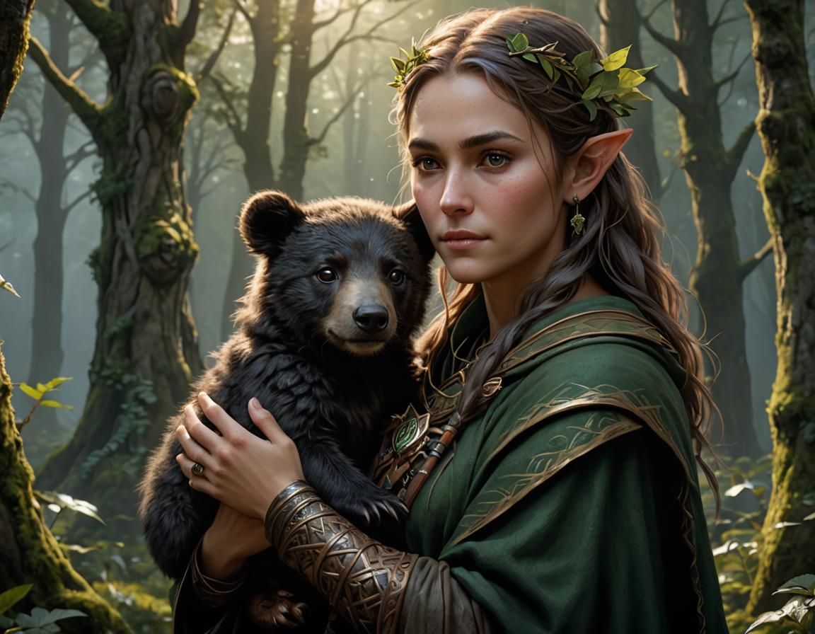 Half-Elf Druid Protecting Bear Cub in Hyperrealism