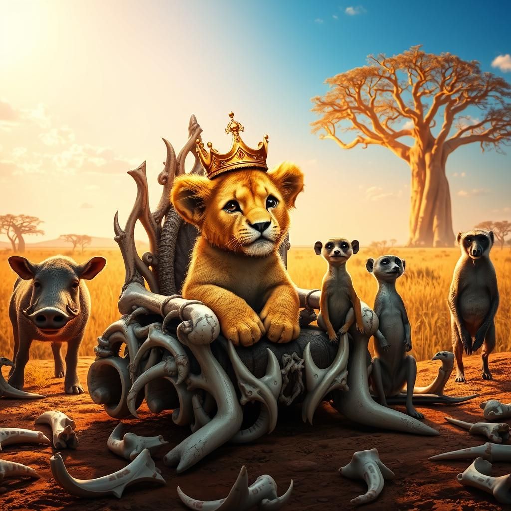 Lion Cub King on Bone Throne, Hyper-Realistic Digital Art