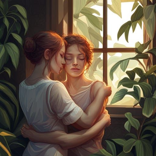 Lesbian Couple Portrait with Plants, Hyperdetailed Art