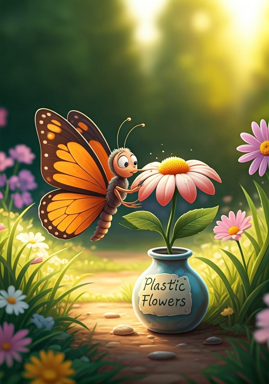 Confused Butterfly and Plastic Flower, Animated Style