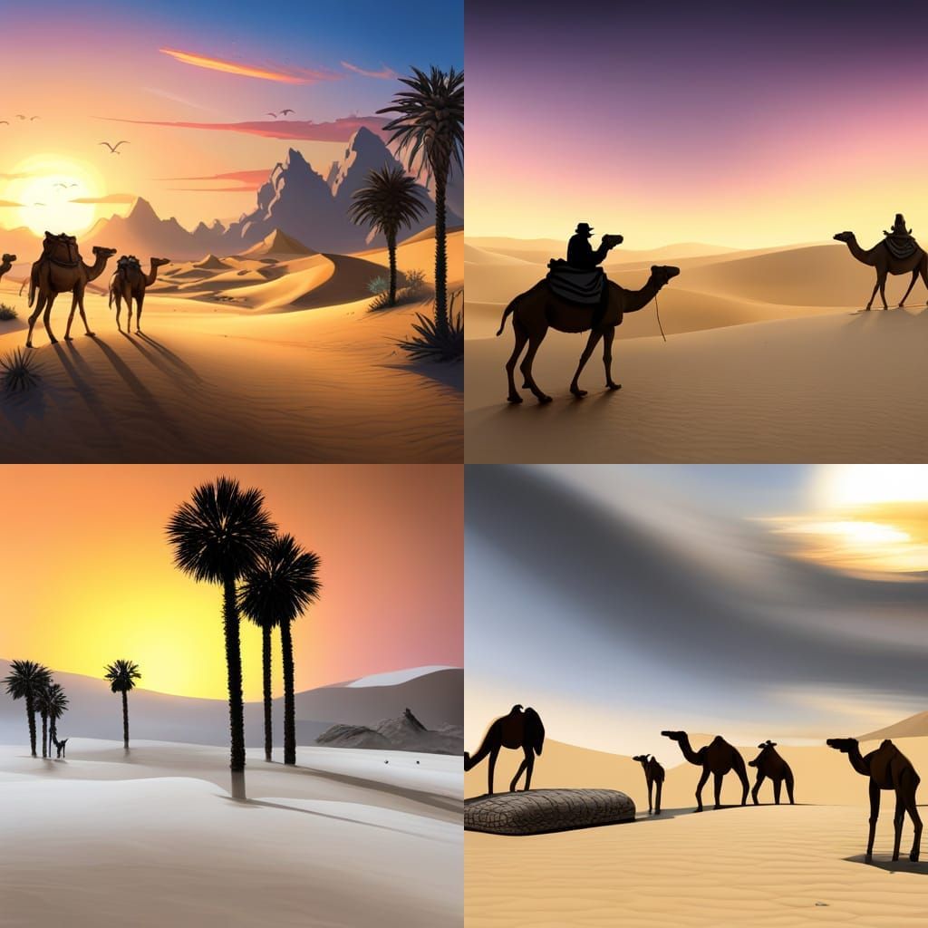 Desert Sunset with Camels in Hyperrealistic Style