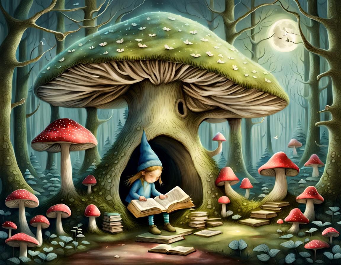 Gnome Reading in Mushroom Library