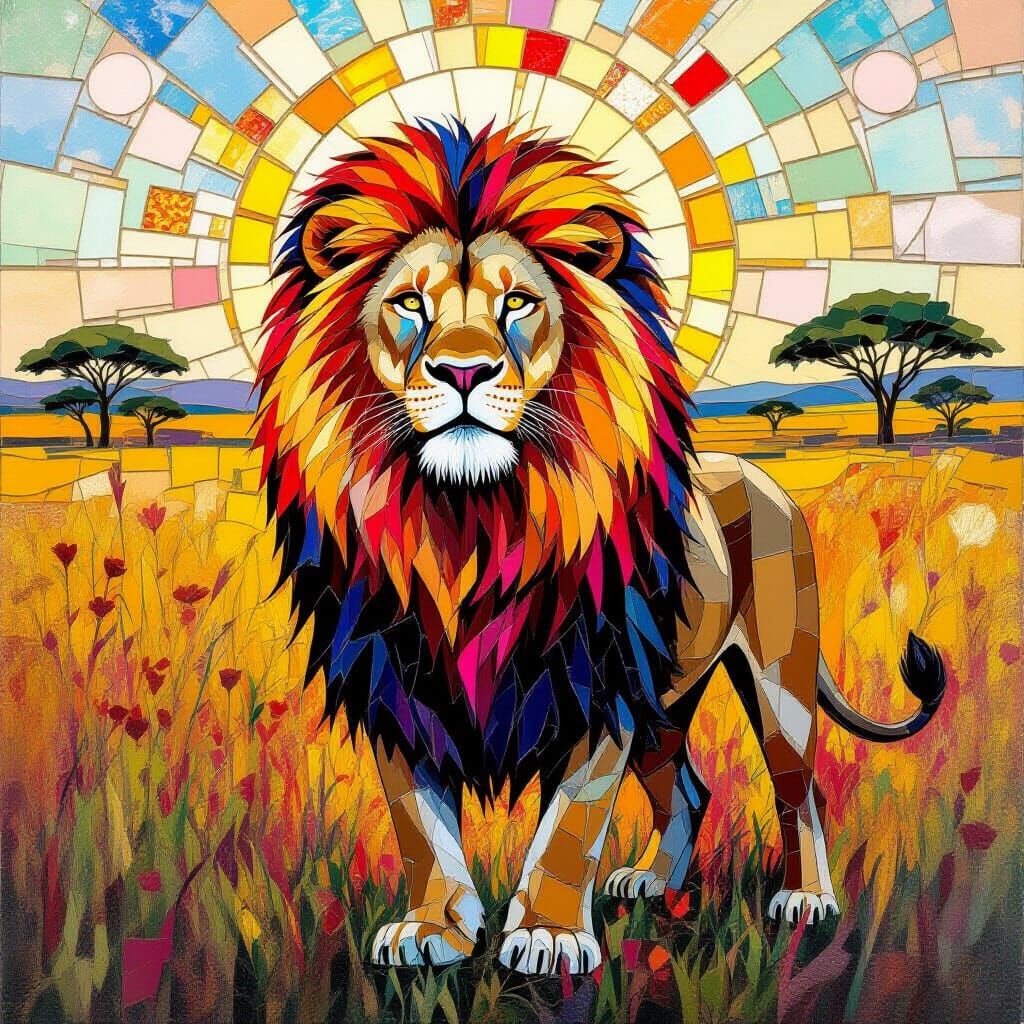 Mosaic Lion in Sunlit Savanna, Hyperrealistic Art