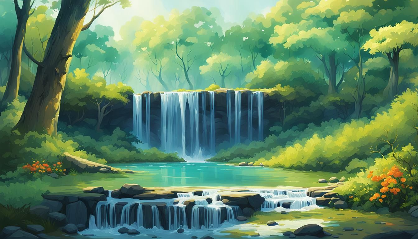 Secluded Waterfall Oasis in Vibrant Colors