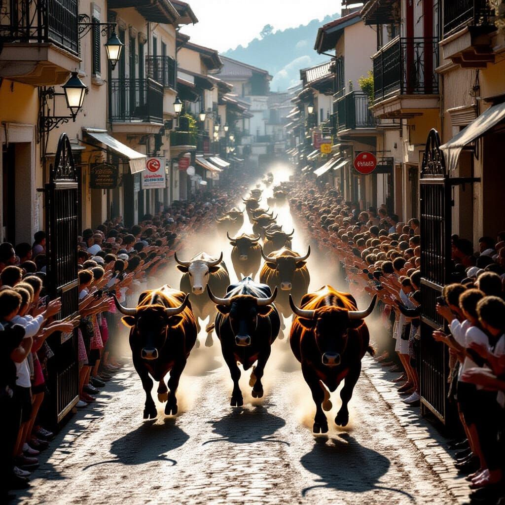 Bull Run on Crowded Street: Cinematic Scene
