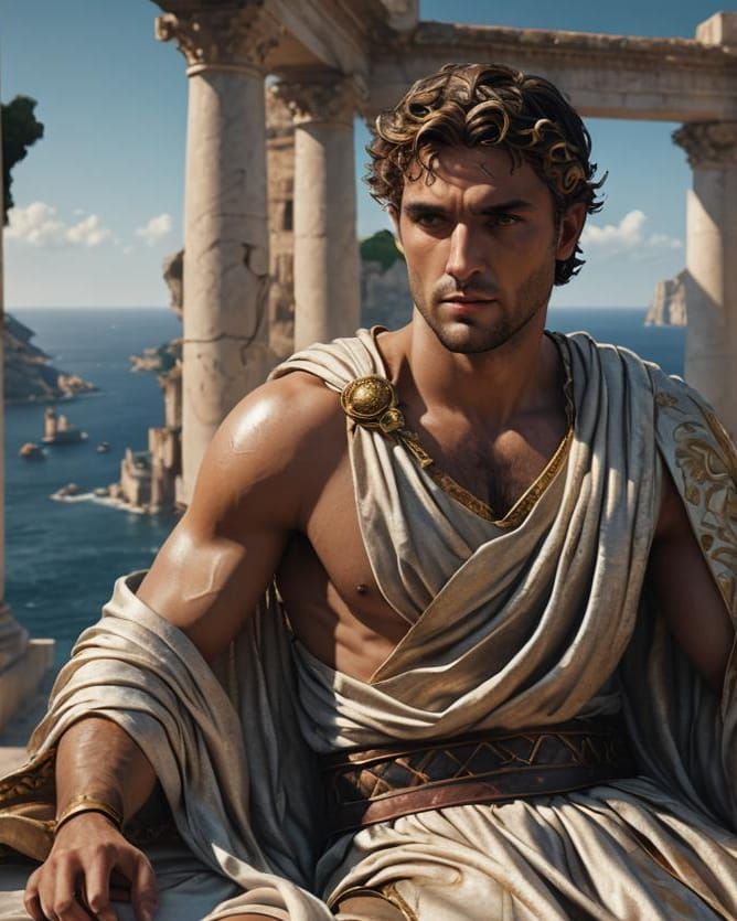 Handsome Young Roman Emperor Lounging by the Sea