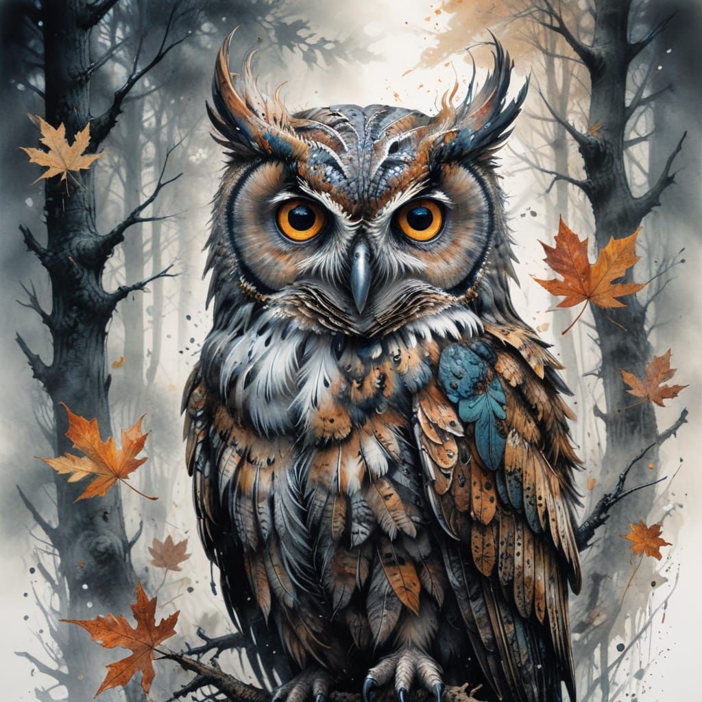 Oak Owl in Misty Forest: Charcoal and Watercolour Fusion