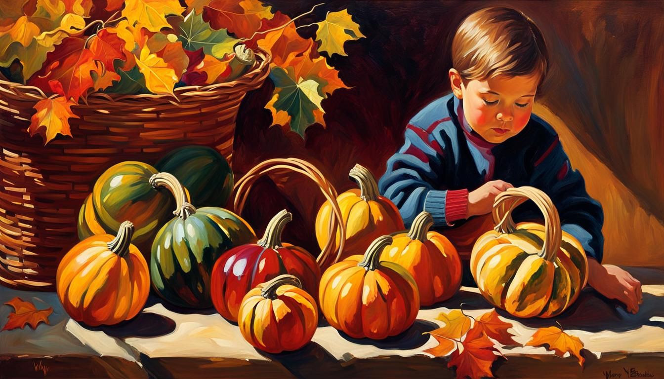 Children Bring Gourds to Autumn Still Life as Oil Painting