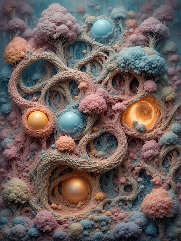 Abstract Brutalist Structures with Pastel and Organic Elemen...