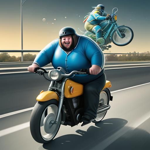 Hyperrealistic Man Speed Riding Tiny Bike