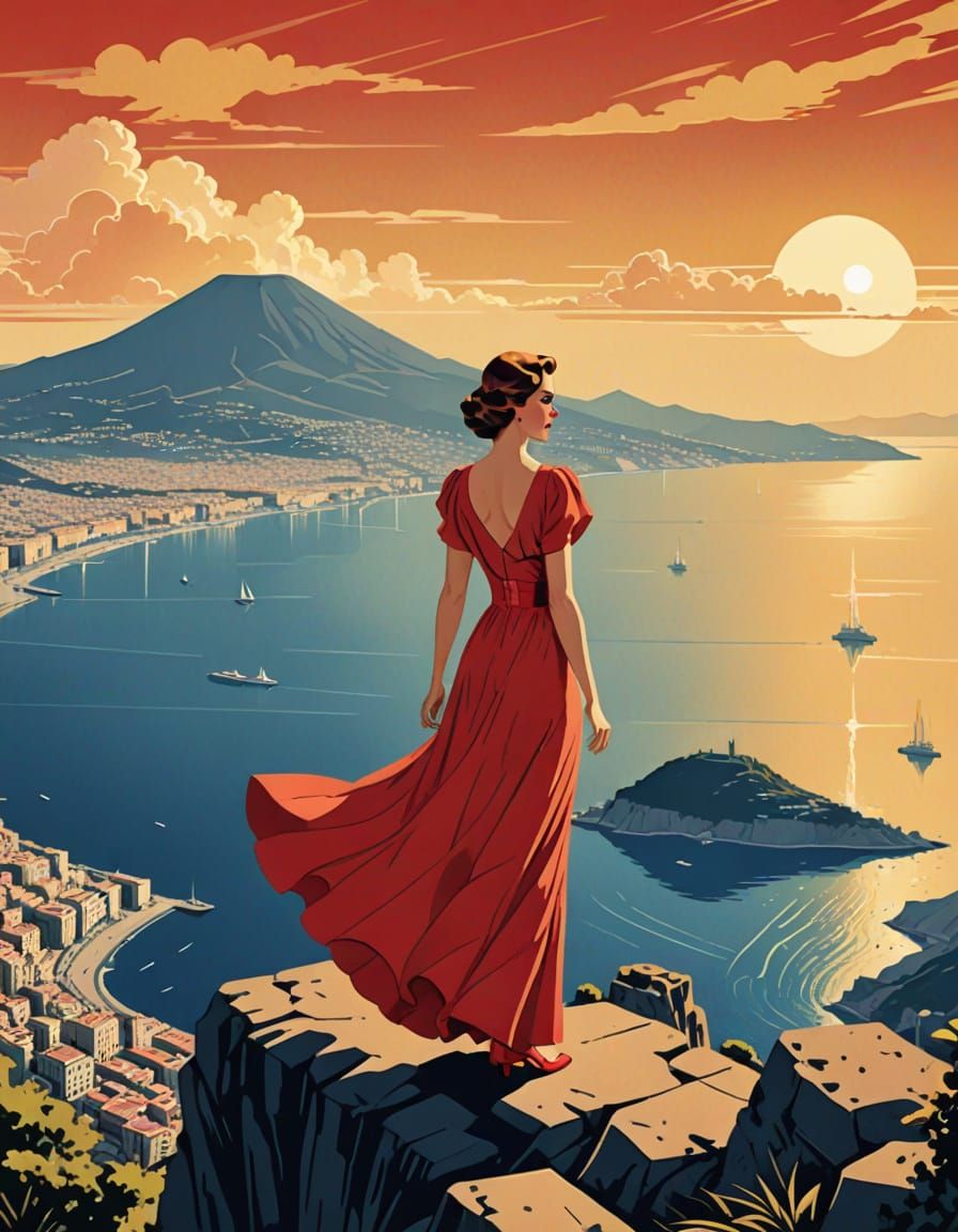 Vintage 1938 Art Déco Travel Poster for Naples